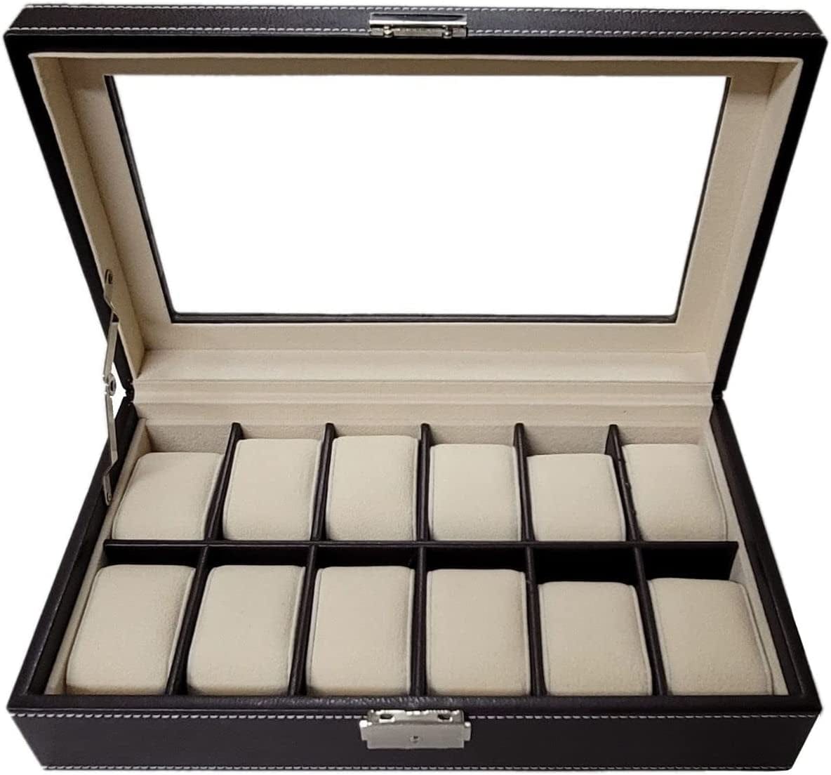 Timelybuys 12 Piece Chocolate Brown Leatherette Men'S Watch Box Display Case Collection Jewelry Box Storage Glass Top Father'S Day