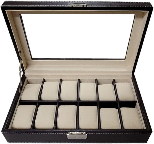 Timelybuys 12 Piece Chocolate Brown Leatherette Men'S Watch Box Display Case Collection Jewelry Box Storage Glass Top Father'S Day