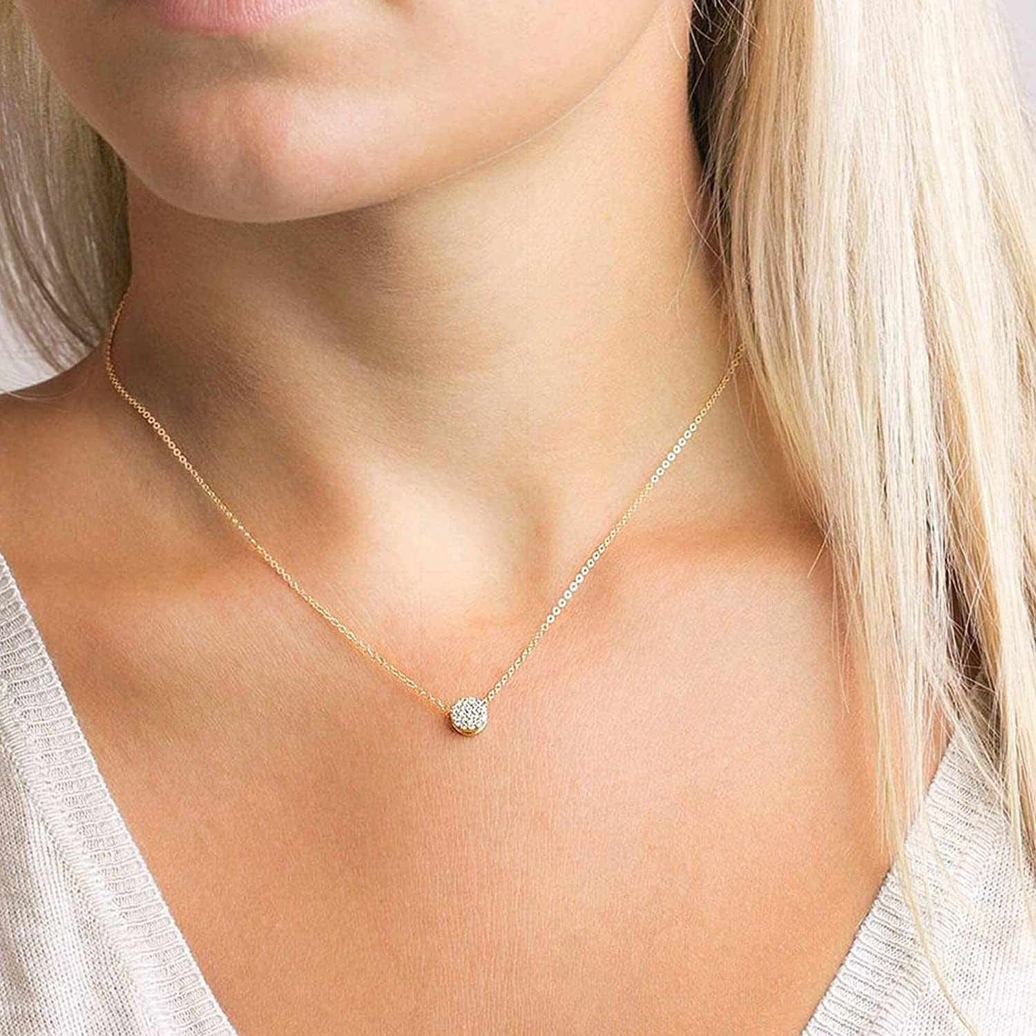 Tiny Dot Pendant Necklace,Dainty 14K Gold Plated Sterling Silver round Dot Circle CZ Choker Necklace Jewelry Gift for Women