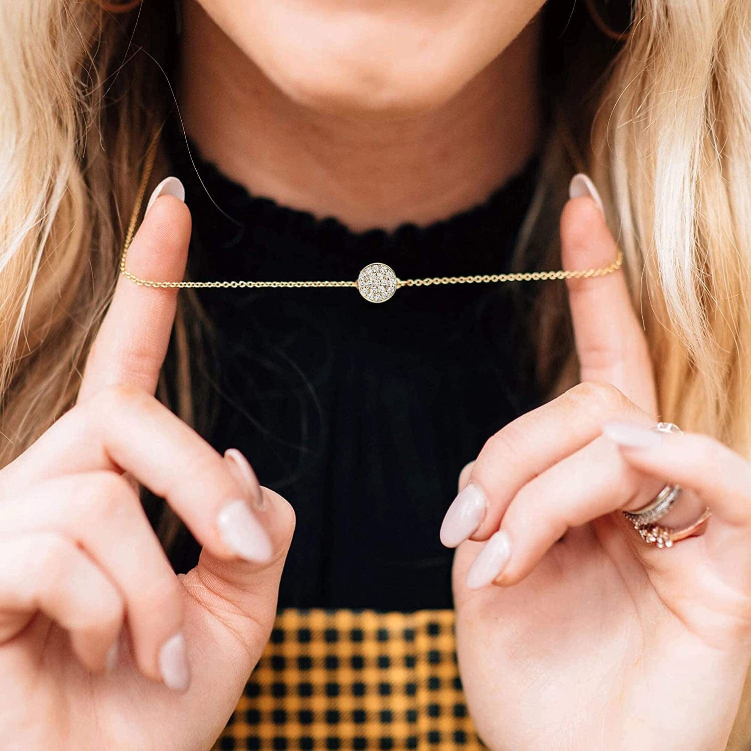 Tiny Dot Pendant Necklace,Dainty 14K Gold Plated Sterling Silver round Dot Circle CZ Choker Necklace Jewelry Gift for Women