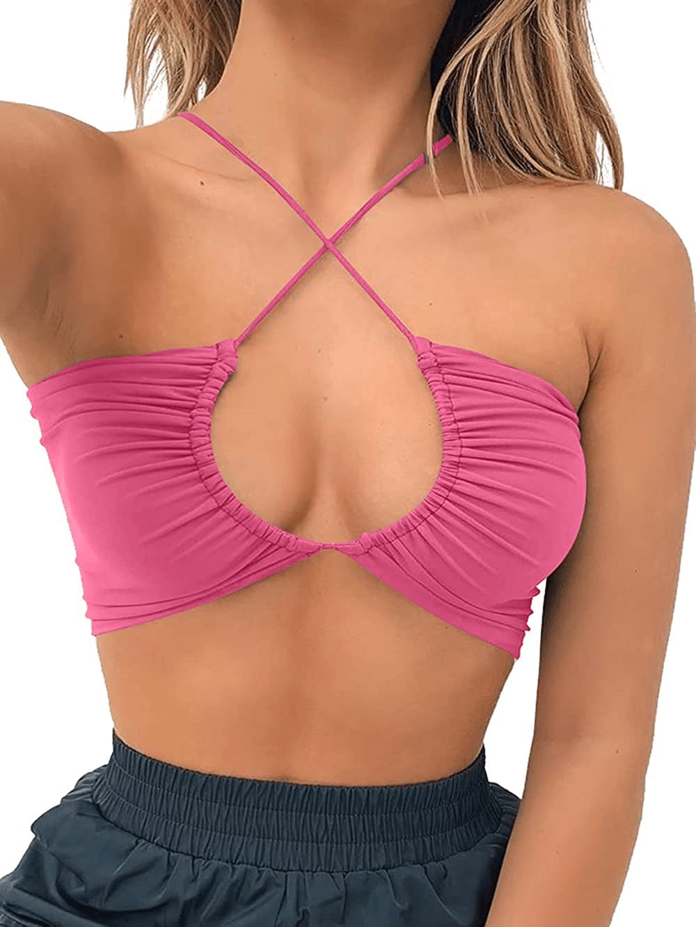 TOB Women'S Sexy Criss Cross Lace up Sling Basic Bow Tie Crop Top Apparel & Accessories > Clothing > Underwear & Socks > Lingerie TOB