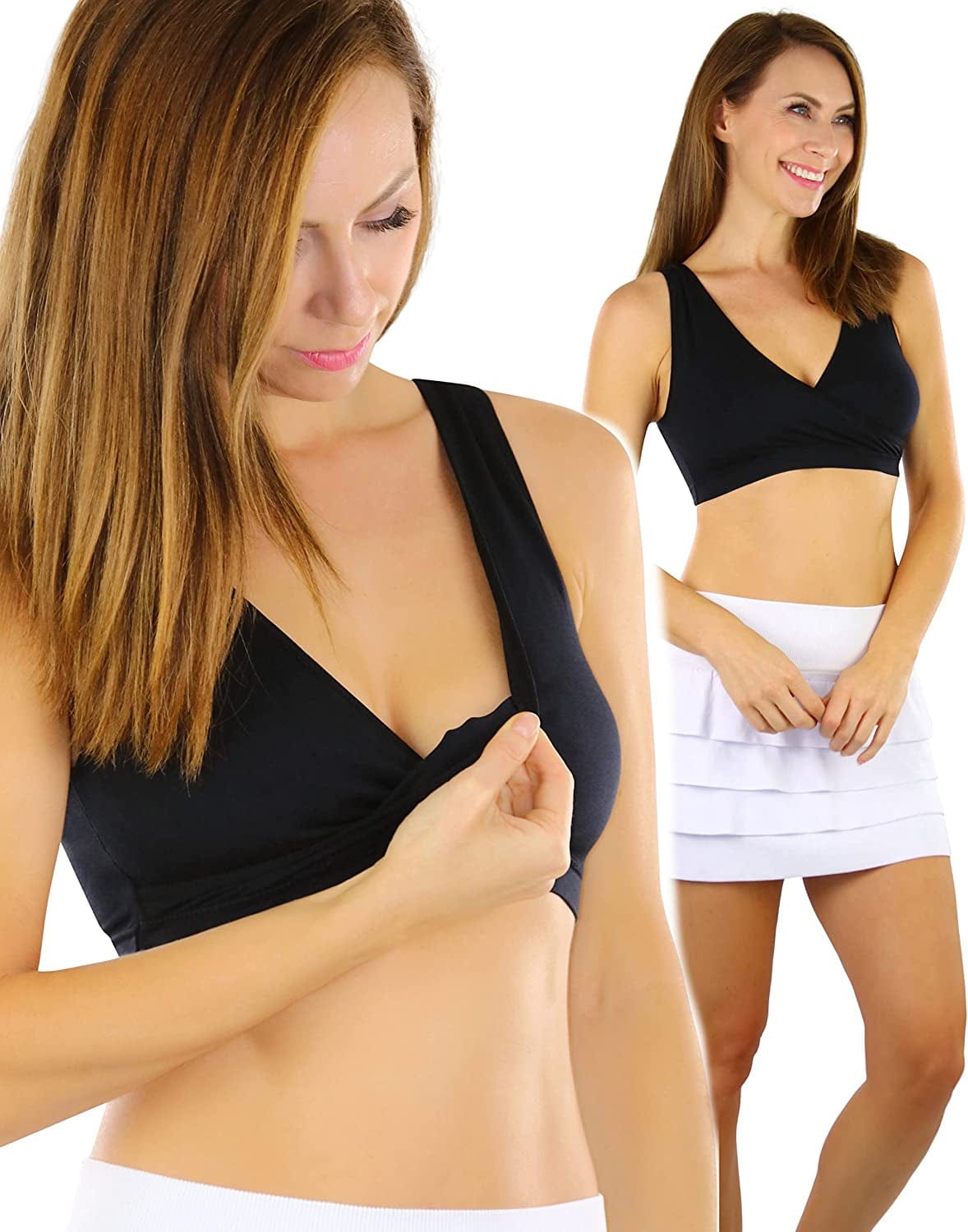 Tobeinstyle Women'S Pack of Seamless Nursing Bras W/Ruched Cups Single: Cross Front W/ Full Back - Black / Medium