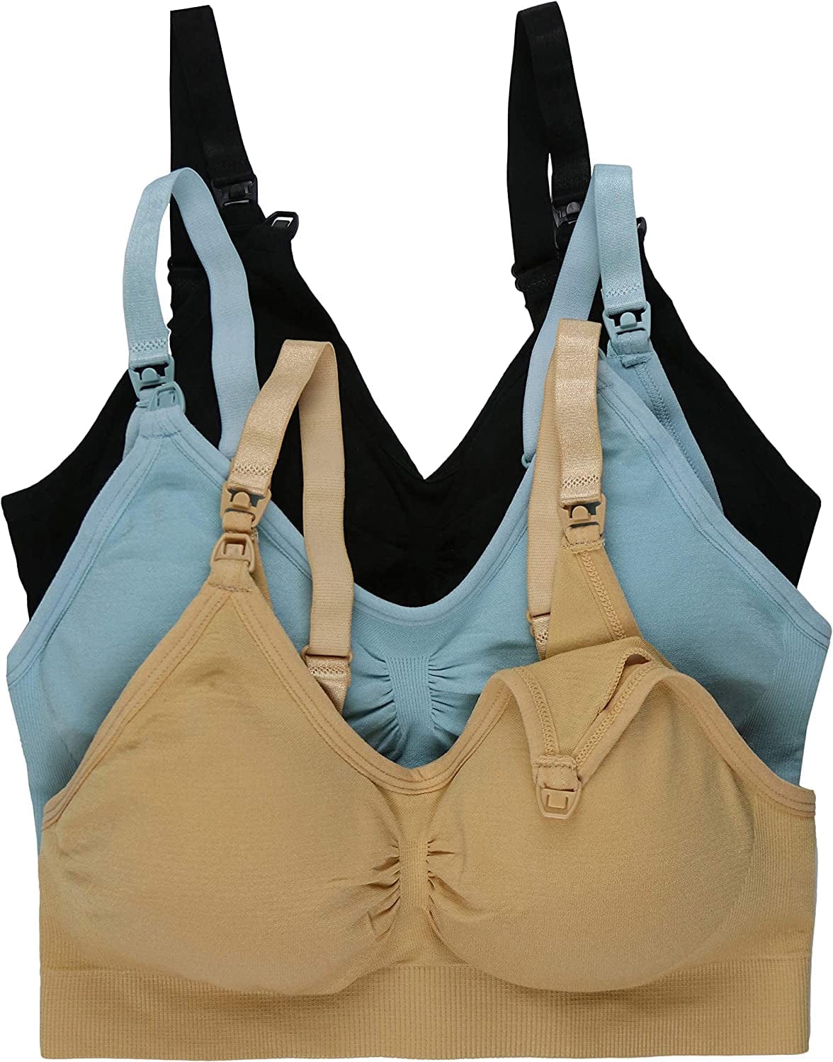 Tobeinstyle Women'S Pack of Seamless Nursing Bras W/Ruched Cups 3 Pack: Black/Beige/Blue / Small