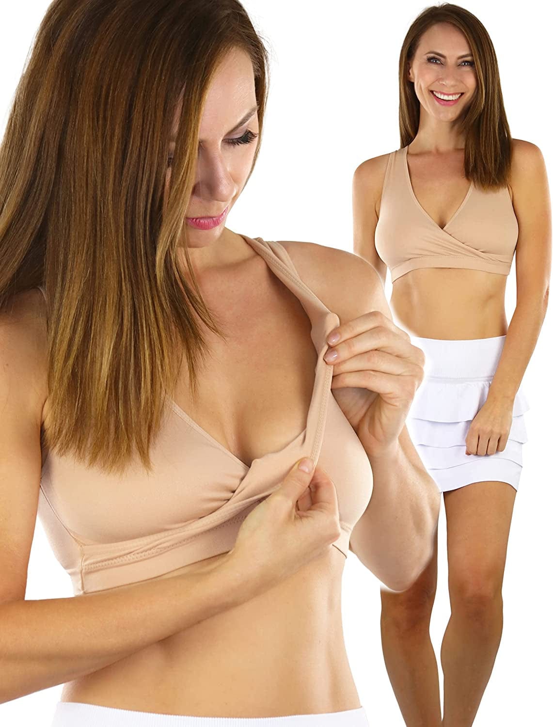 Tobeinstyle Women'S Pack of Seamless Nursing Bras W/Ruched Cups Single: Cross Front W/ Full Back - Nude / Medium