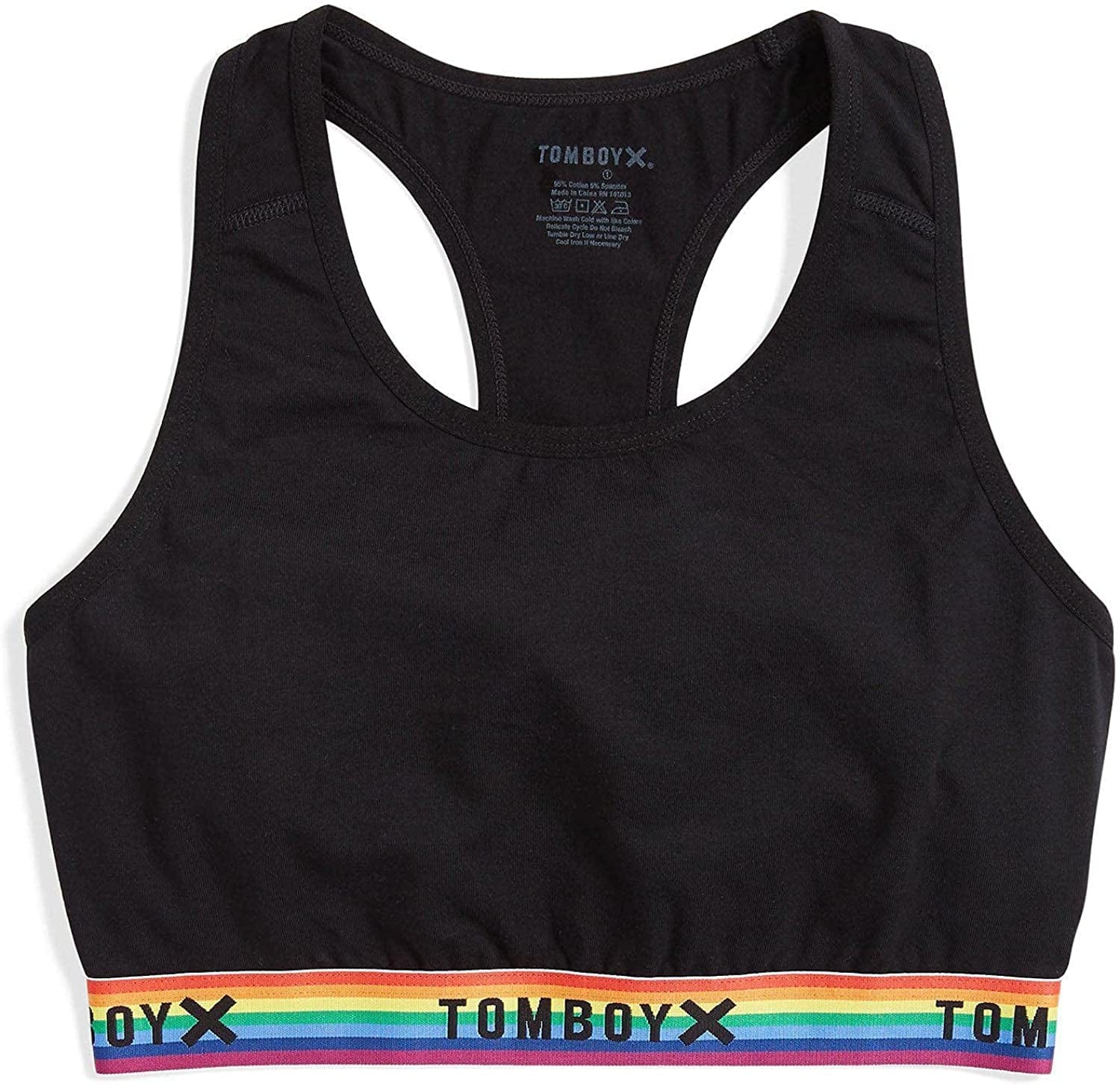 Tomboyx Racerback Bra, Cotton Comfort Bralette for Women, Wireless No-Padding Low-Impact, (3XS-6X) Next Gen Black Rainbow / Small