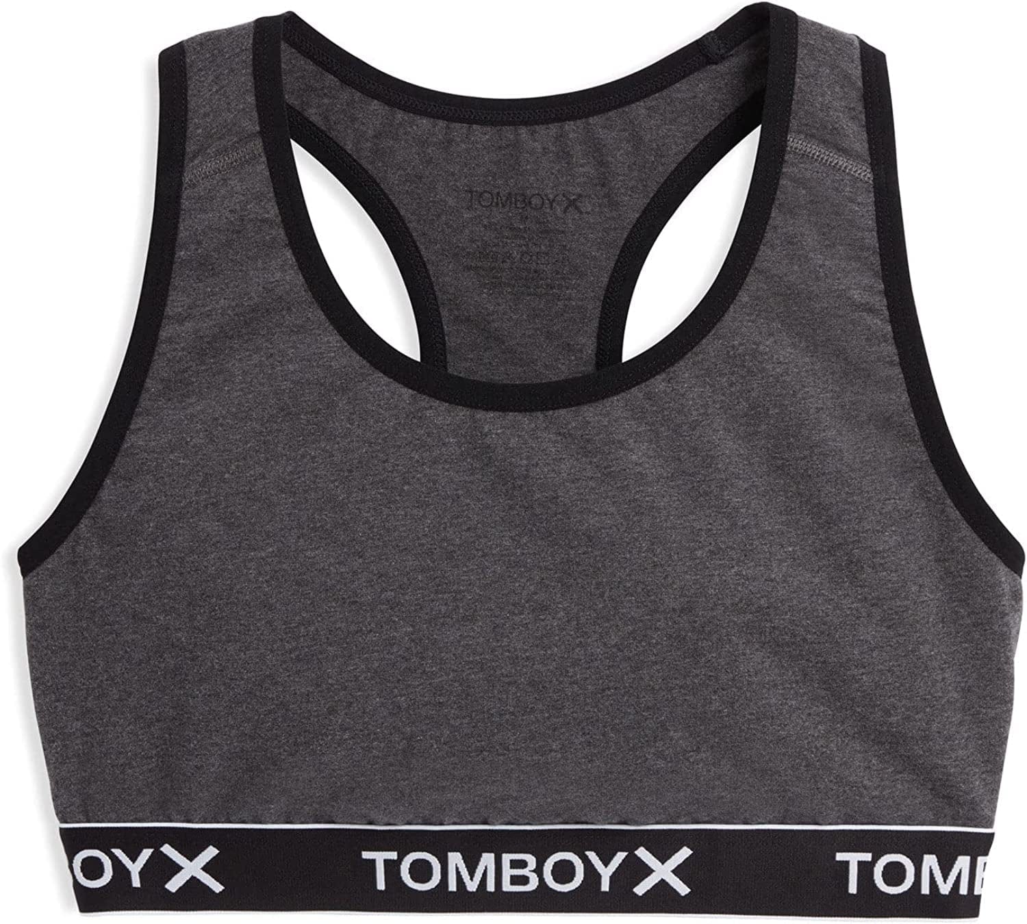 Tomboyx Racerback Bra, Cotton Comfort Bralette for Women, Wireless No-Padding Low-Impact, (3XS-6X) Charcoal Logo / Large