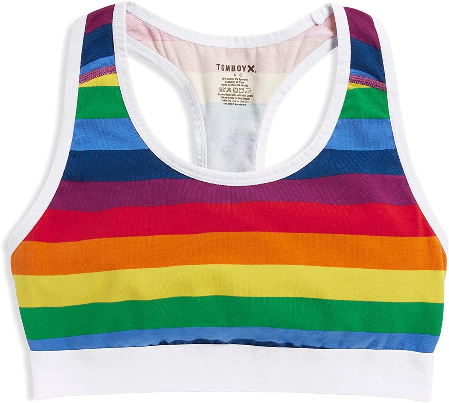 Tomboyx Racerback Bra, Cotton Comfort Bralette for Women, Wireless No-Padding Low-Impact, (3XS-6X) Rainbow Pride Stripes / 4X-Large