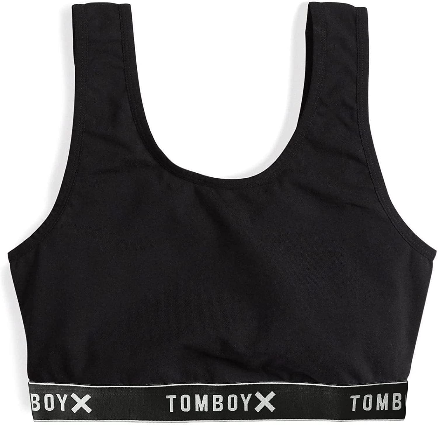 Tomboyx Soft Bra, Cotton Scoop-Neck Bralette for Women, Wireless No-Padding Low Impact, (XS-5X) Black Logo / Large