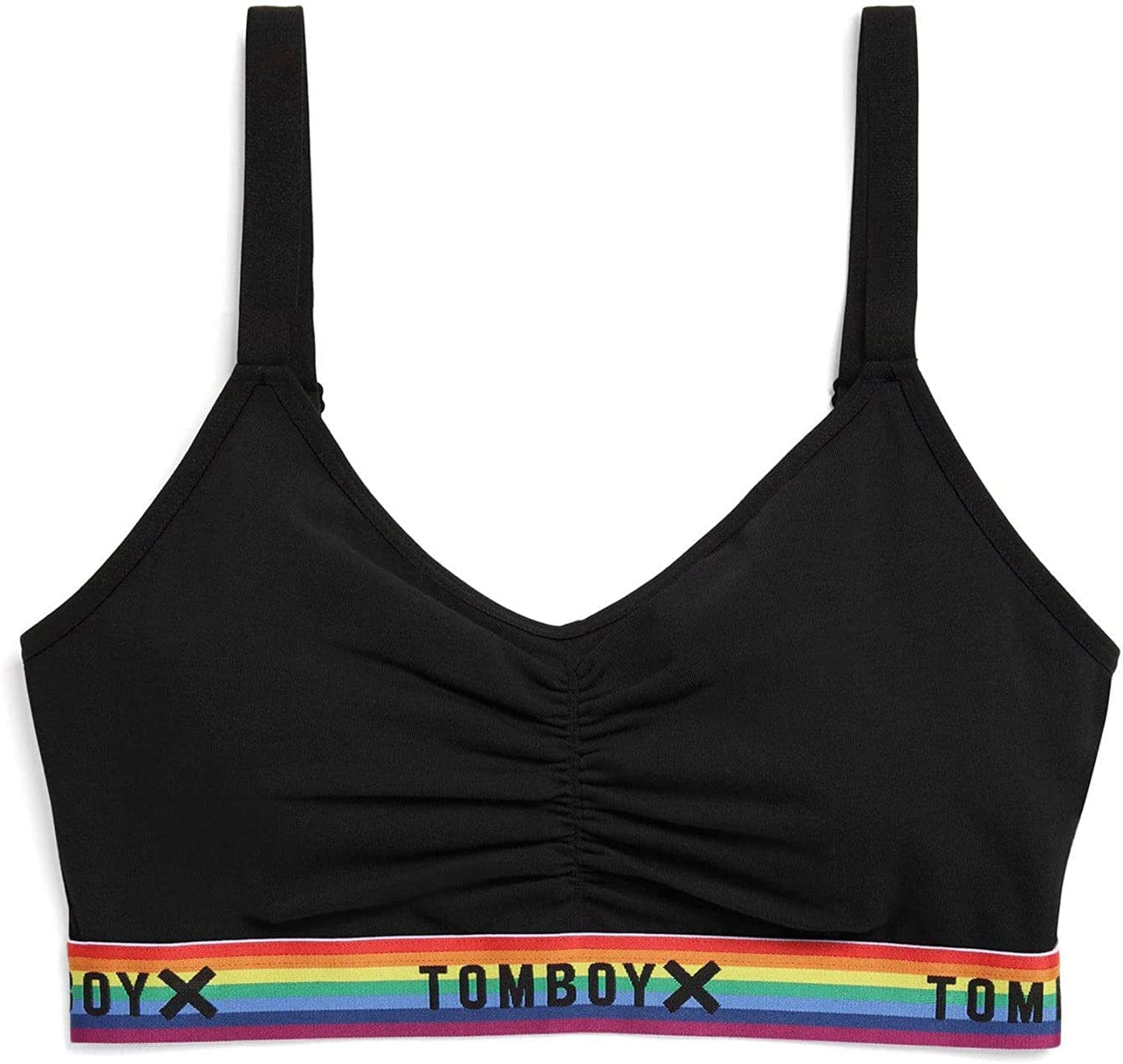 Tomboyx V-Neck Bralette, Cotton Bra for Women, Adjustable Straps Wireless No-Padding Low-Impact, (XS-4X) Black Rainbow / Large