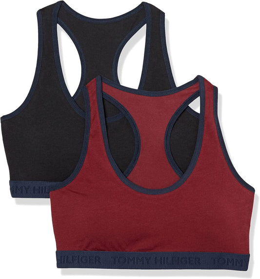 Tommy Hilfiger Women'S Bra Racerback Cotton Bralette, 2 Pack Zinfandel / Black / X-Large