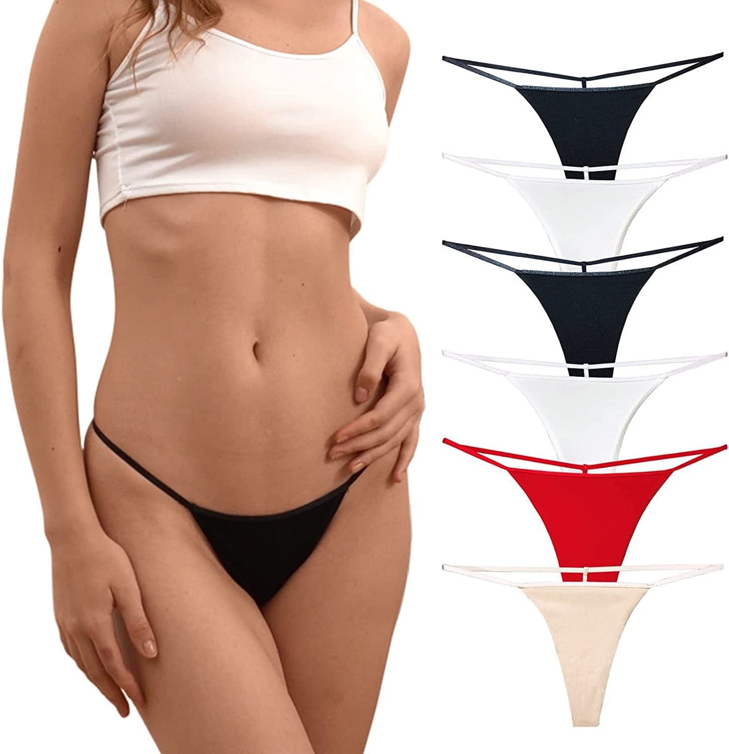 Topvee 6 Pack T Back Thong for Women Seamless Underwear G String Thongs Stretch Sexy Cotton Panties Black/White/Red/Nude / Medium