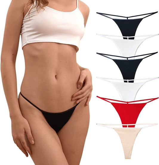 Topvee 6 Pack T Back Thong for Women Seamless Underwear G String Thongs Stretch Sexy Cotton Panties Black/White/Red/Nude / Medium