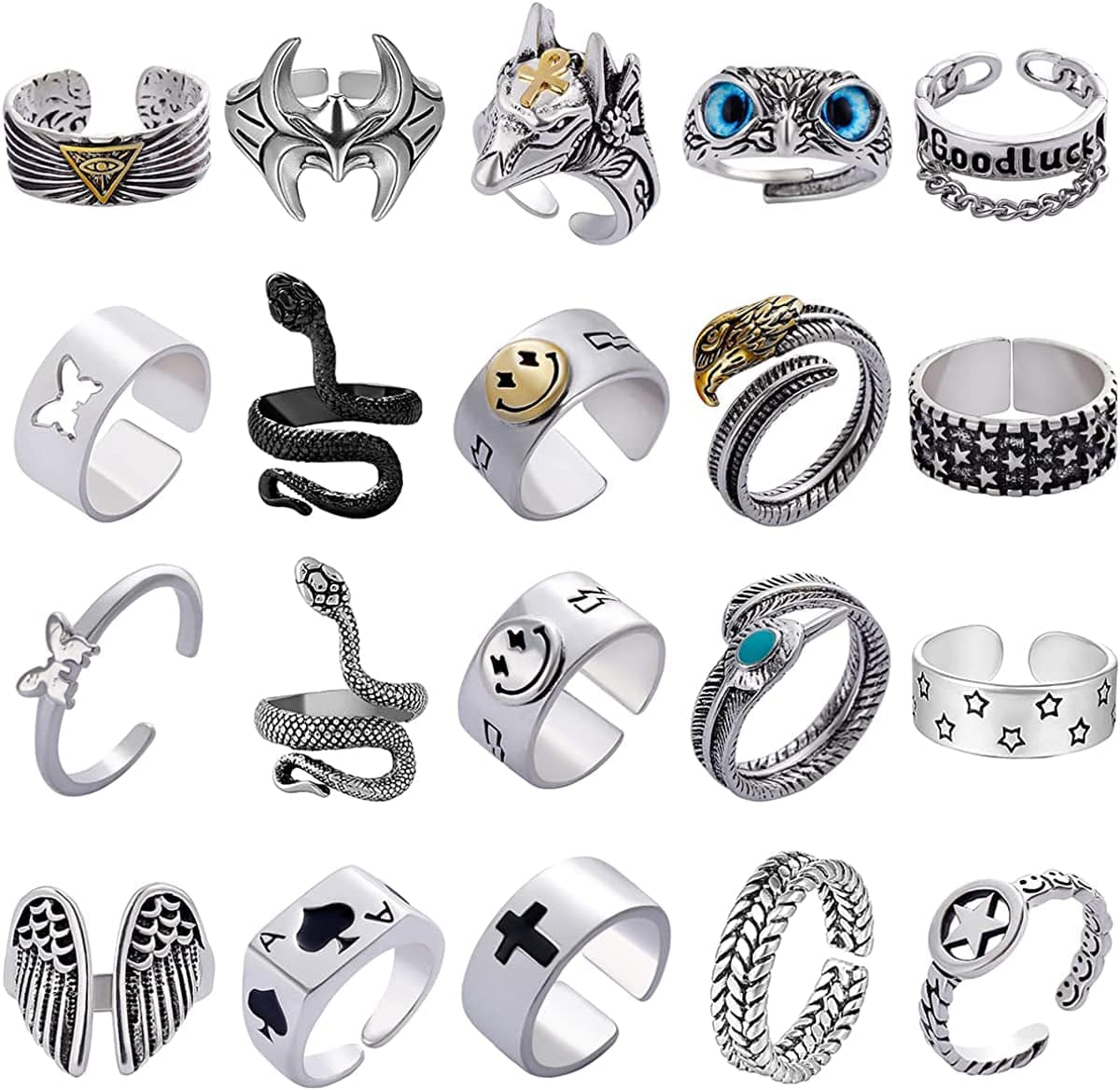 TOU Mens Vintage Open Rings Set Frog Snake Skull Cool Punk Goth Ring for Men Women Girls Adjustable Silver - 20PCS