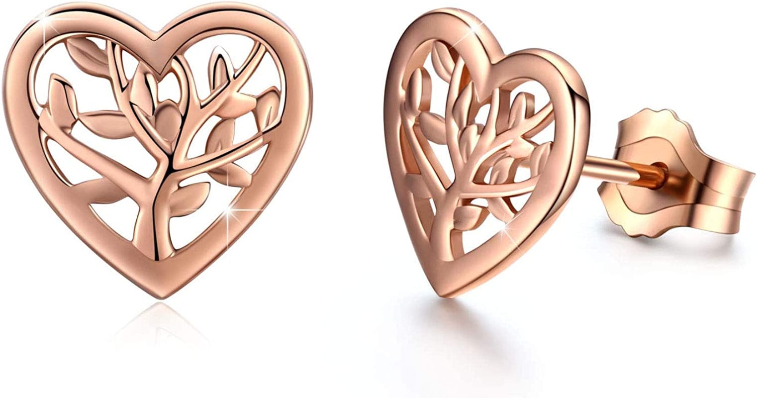 Tree of Life Earrings, 925 Sterling Silver Heart Shaped Studs for Women, Hypoallergenic Earrings for Sensitive Ears Gifts for Women with Gift Box… Rose Gold