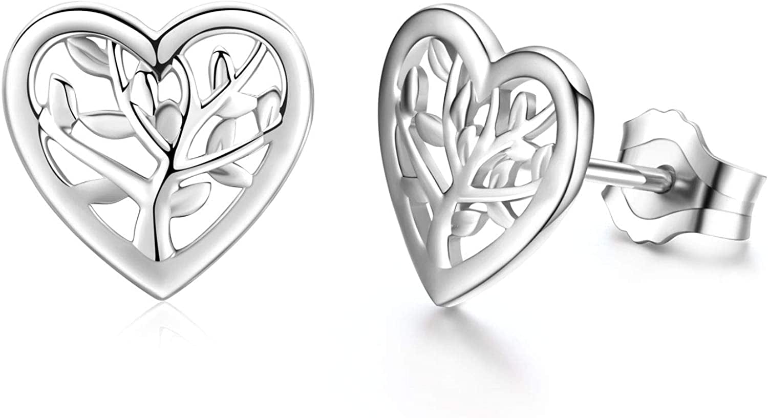 Tree of Life Earrings, 925 Sterling Silver Heart Shaped Studs for Women, Hypoallergenic Earrings for Sensitive Ears Gifts for Women with Gift Box… Silver