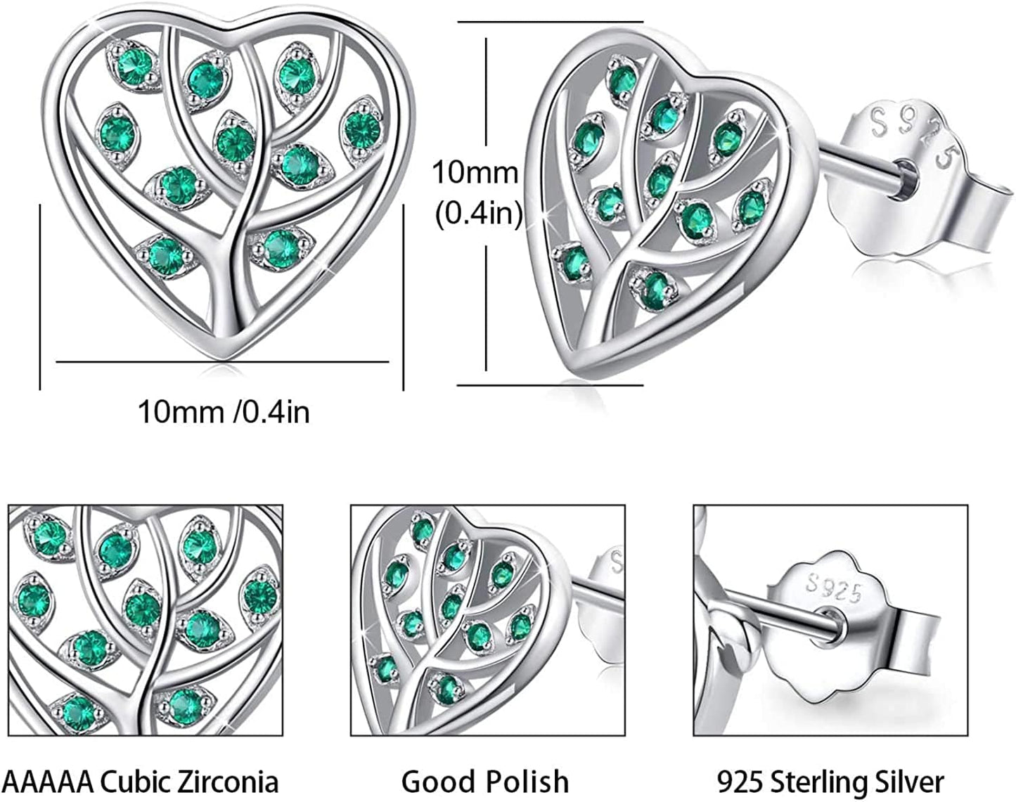 Tree of Life Earrings, 925 Sterling Silver Heart Shaped Studs for Women, Hypoallergenic Earrings for Sensitive Ears Gifts for Women with Gift Box…