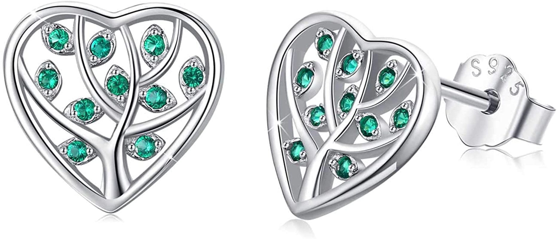 Tree of Life Earrings, 925 Sterling Silver Heart Shaped Studs for Women, Hypoallergenic Earrings for Sensitive Ears Gifts for Women with Gift Box… Green
