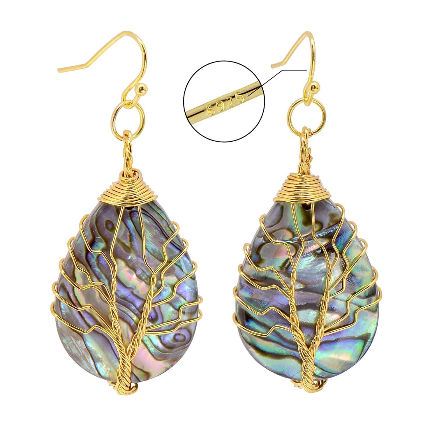 Tree of Life Hand Wrapped Sea Abalone Shell Earrings for Women, French Wire Antiqued Copper Sterling hooks -Yellow -Drop shell