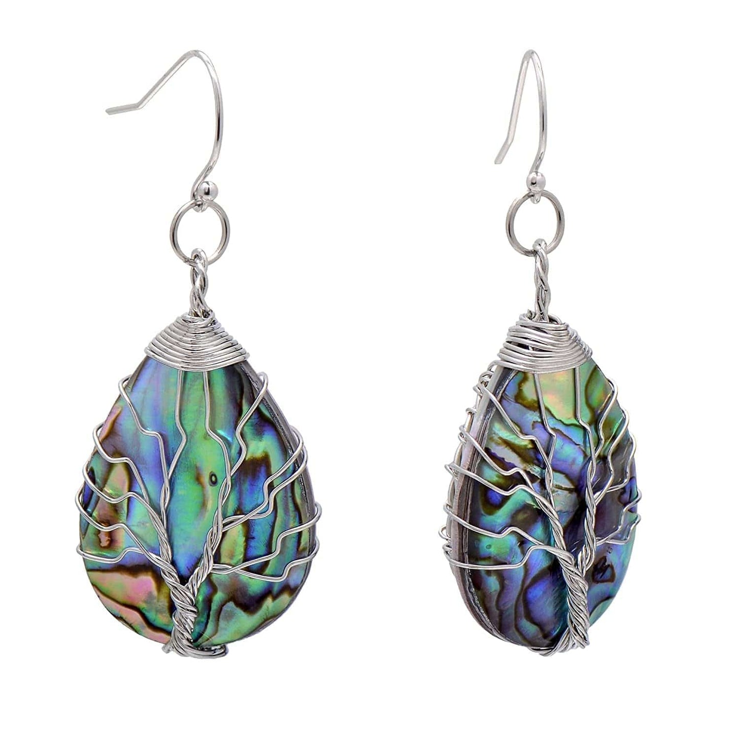 Tree of Life Hand Wrapped Sea Abalone Shell Earrings for Women, French Wire Antiqued Copper Copper hooks -White -Drop shell
