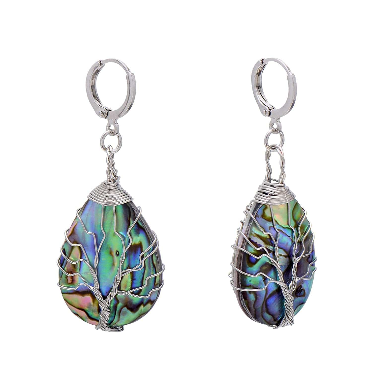 Tree of Life Hand Wrapped Sea Abalone Shell Earrings for Women, French Wire Antiqued Copper Copper leverbacks -White -Drop shell