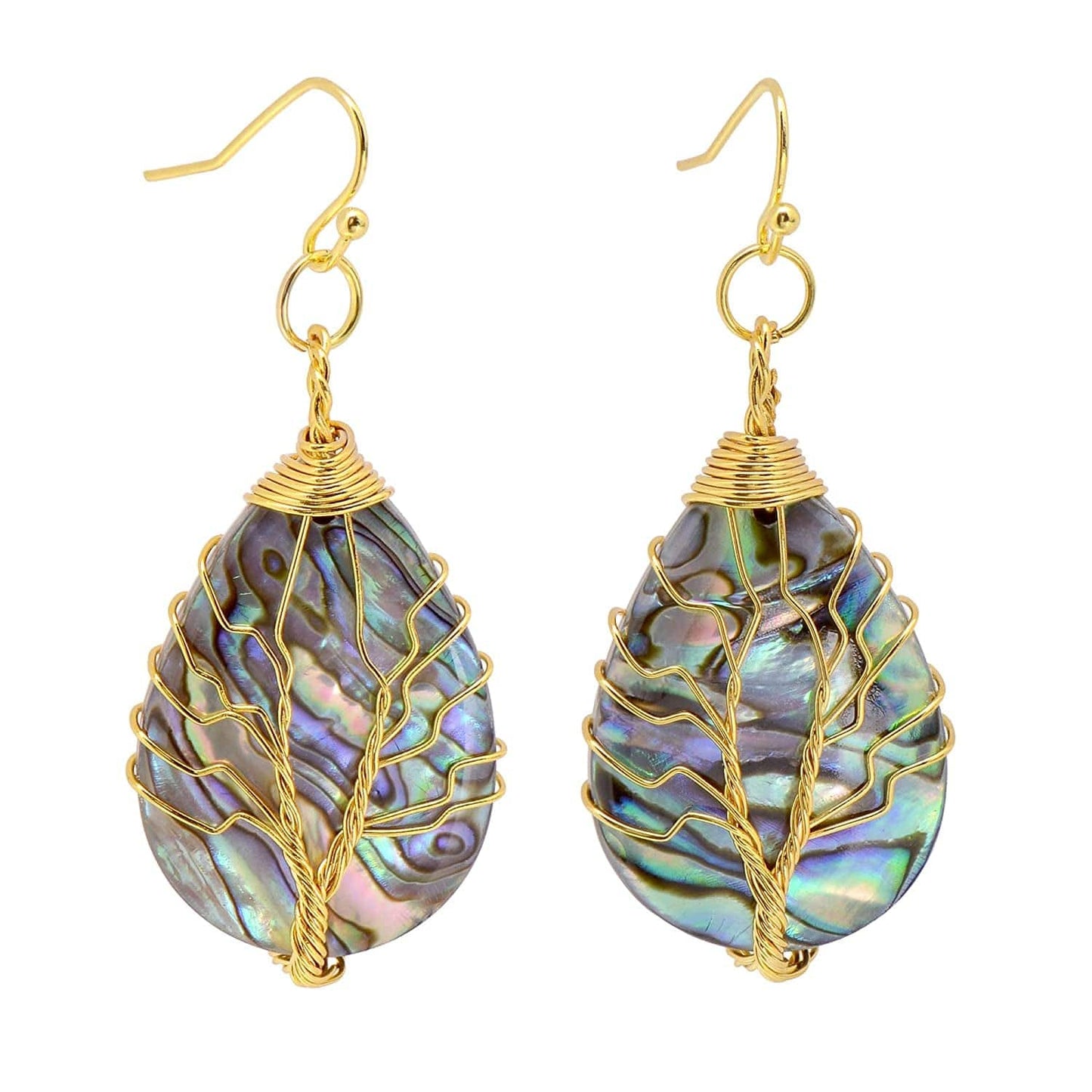 Tree of Life Hand Wrapped Sea Abalone Shell Earrings for Women, French Wire Antiqued Copper Copper hooks -Yellow -Drop shell