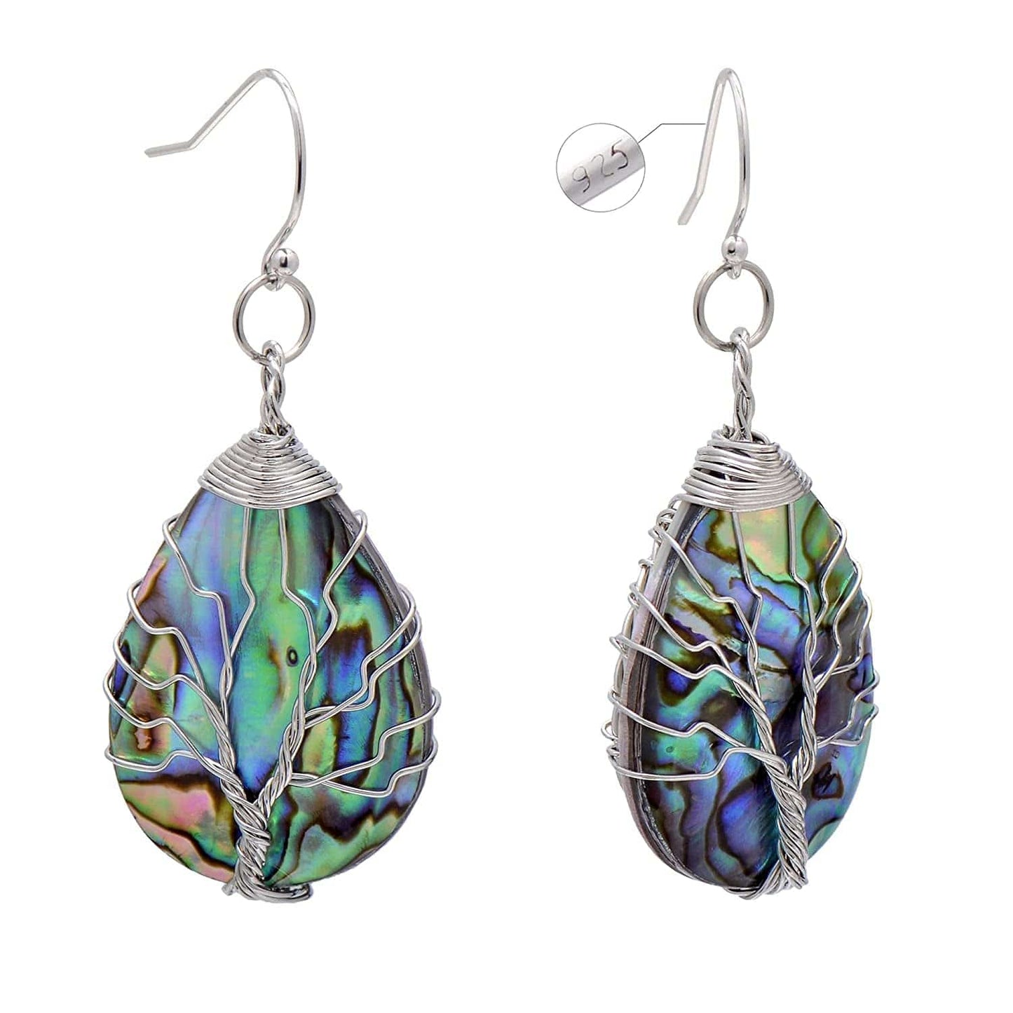 Tree of Life Hand Wrapped Sea Abalone Shell Earrings for Women, French Wire Antiqued Copper Sterling hooks -White -Drop shell