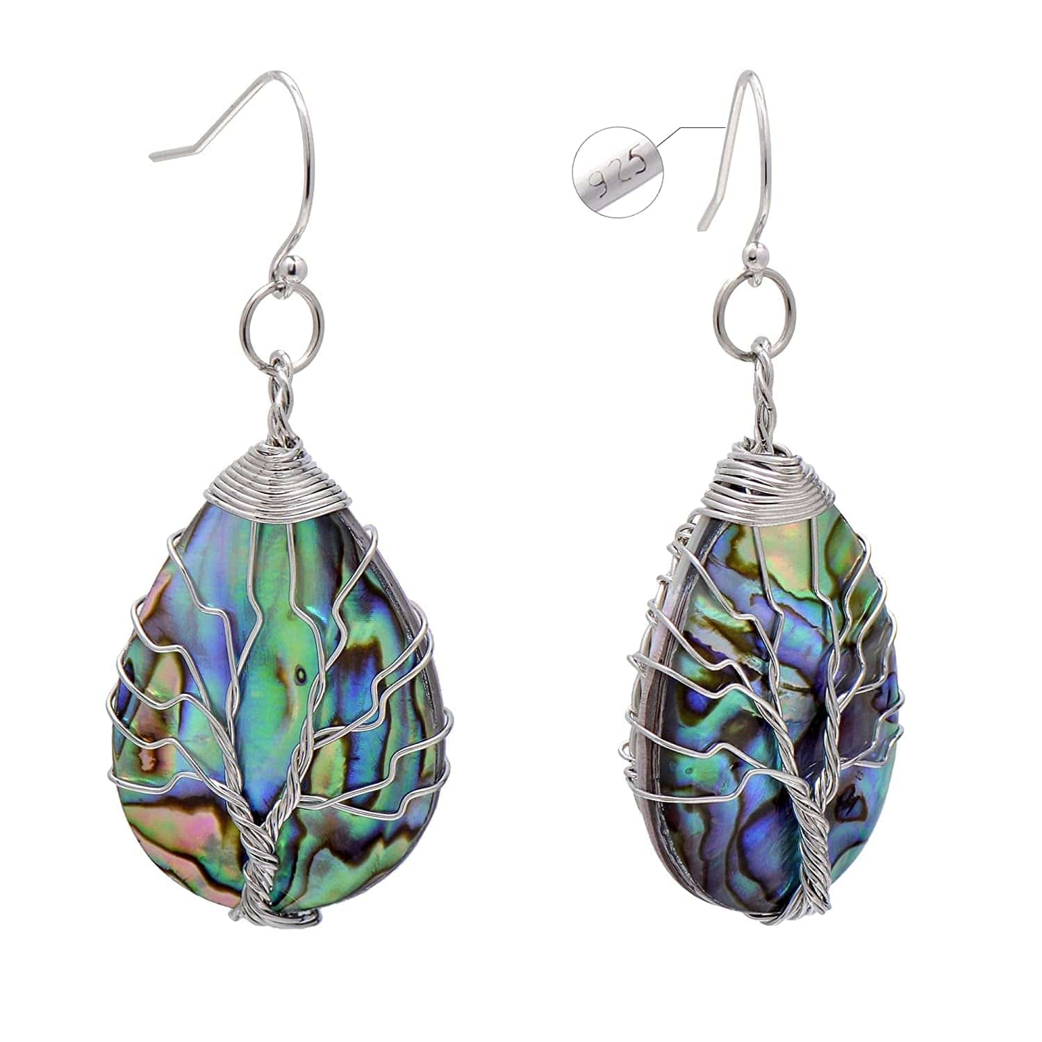 Tree of Life Hand Wrapped Sea Abalone Shell Earrings for Women, French Wire Antiqued Copper Sterling hooks -White -Drop shell
