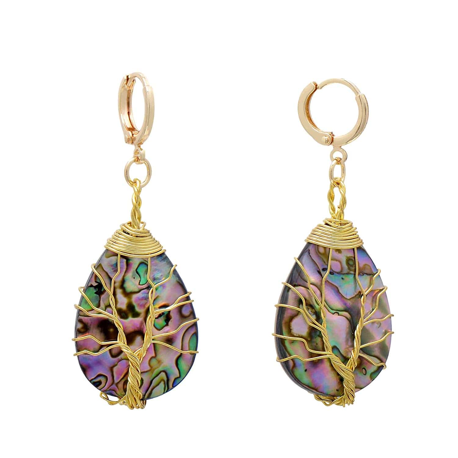 Tree of Life Hand Wrapped Sea Abalone Shell Earrings for Women, French Wire Antiqued Copper Copper leverbacks -Yellow -Drop shell(selected mauve tone)