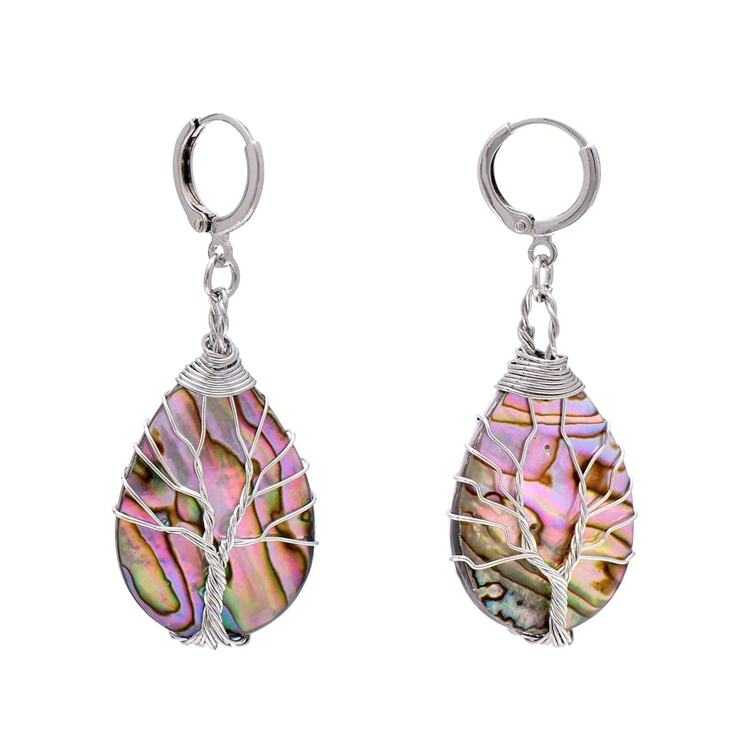 Tree of Life Hand Wrapped Sea Abalone Shell Earrings for Women, French Wire Antiqued Copper Copper leverbacks -White -Drop shell(selected mauve tone)