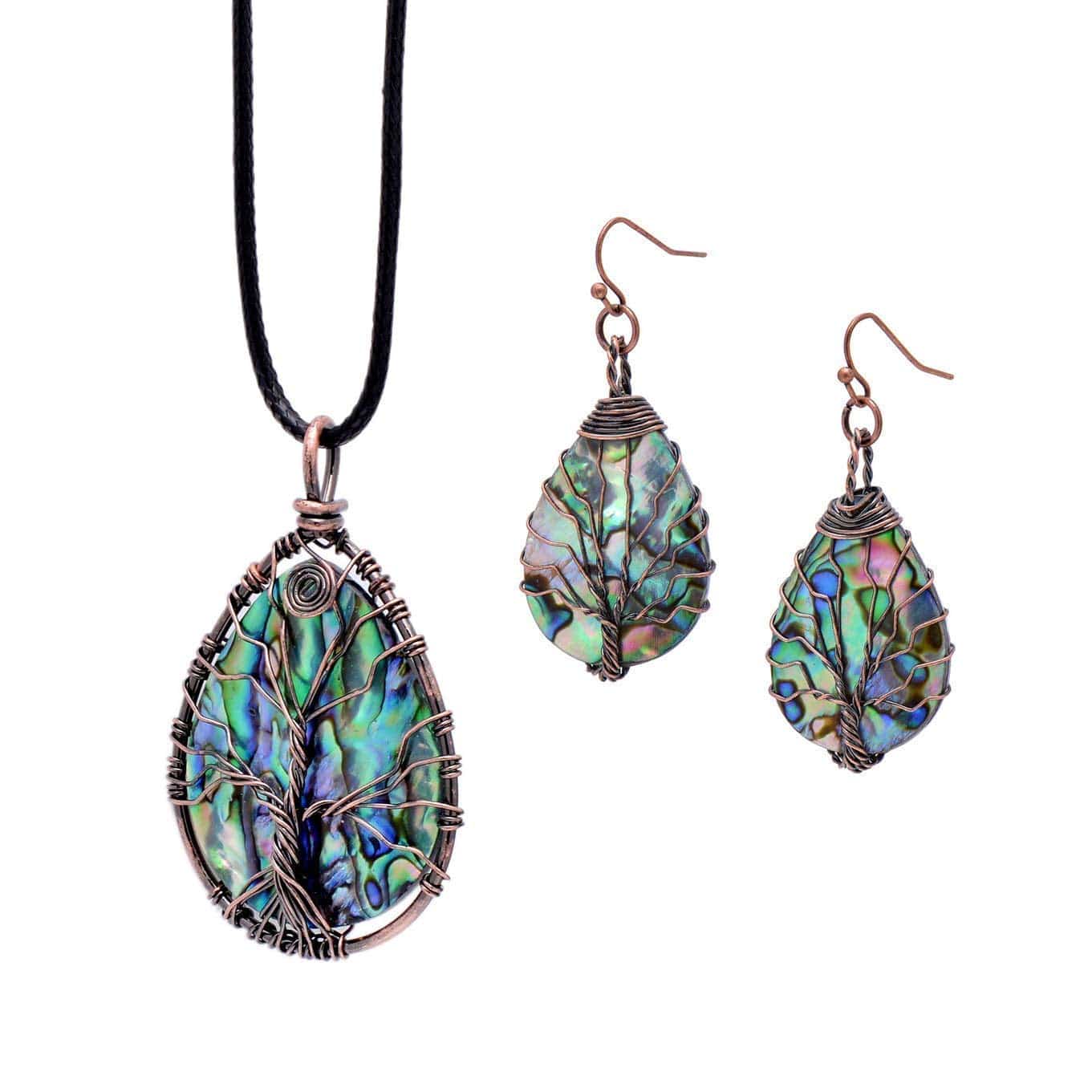 Tree of Life Hand Wrapped Sea Abalone Shell Earrings for Women, French Wire Antiqued Copper