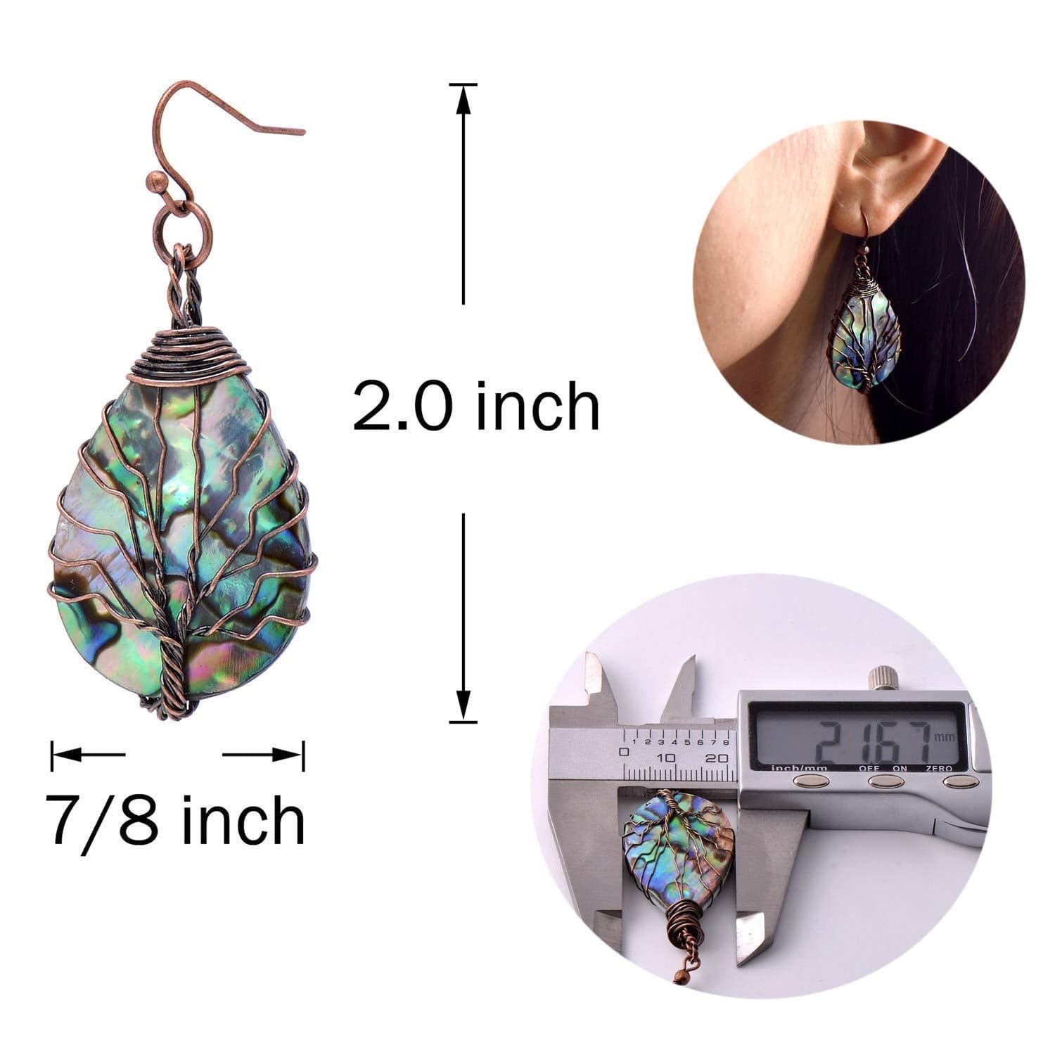 Tree of Life Hand Wrapped Sea Abalone Shell Earrings for Women, French Wire Antiqued Copper