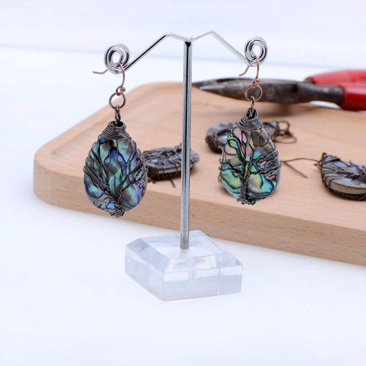 Tree of Life Hand Wrapped Sea Abalone Shell Earrings for Women, French Wire Antiqued Copper