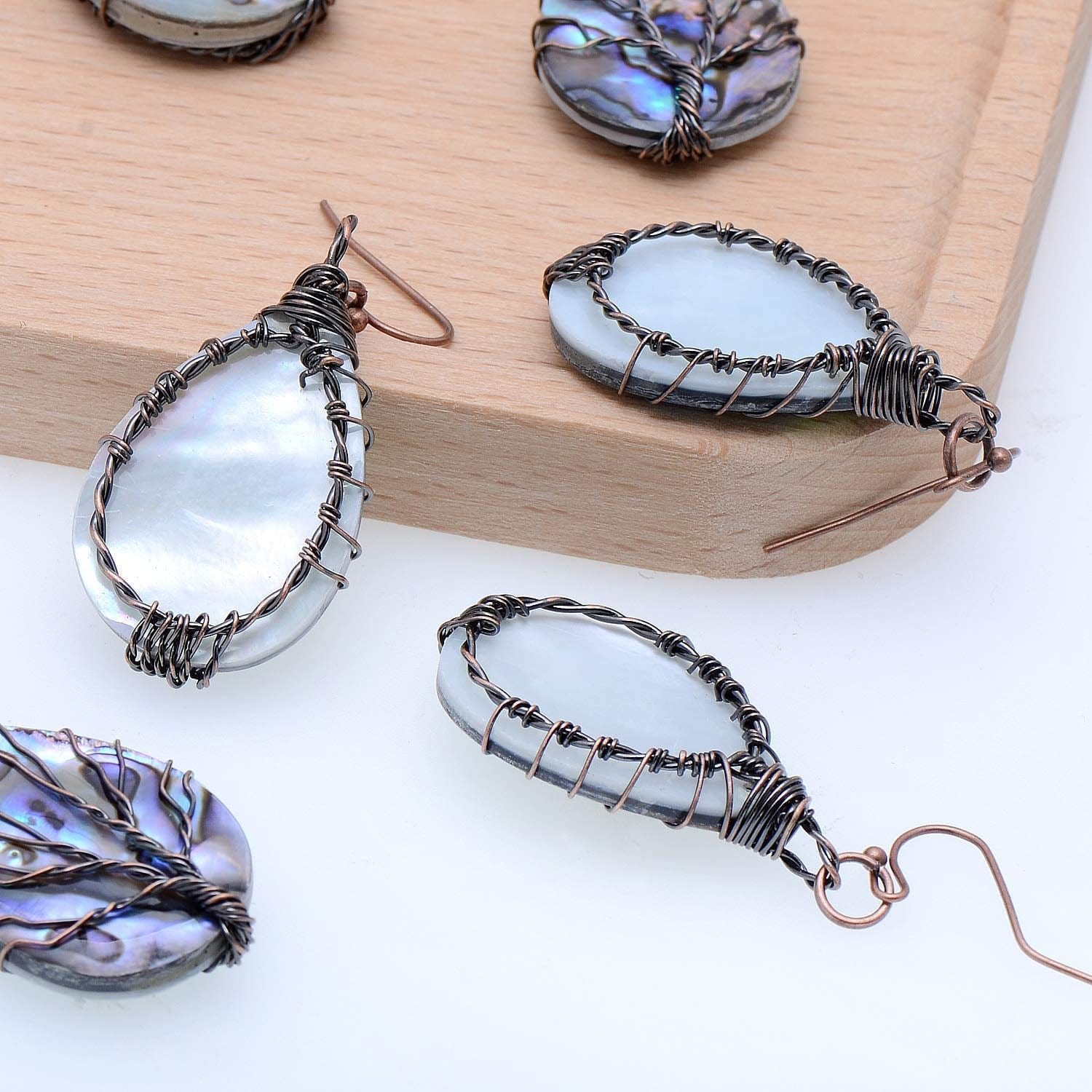 Tree of Life Hand Wrapped Sea Abalone Shell Earrings for Women, French Wire Antiqued Copper
