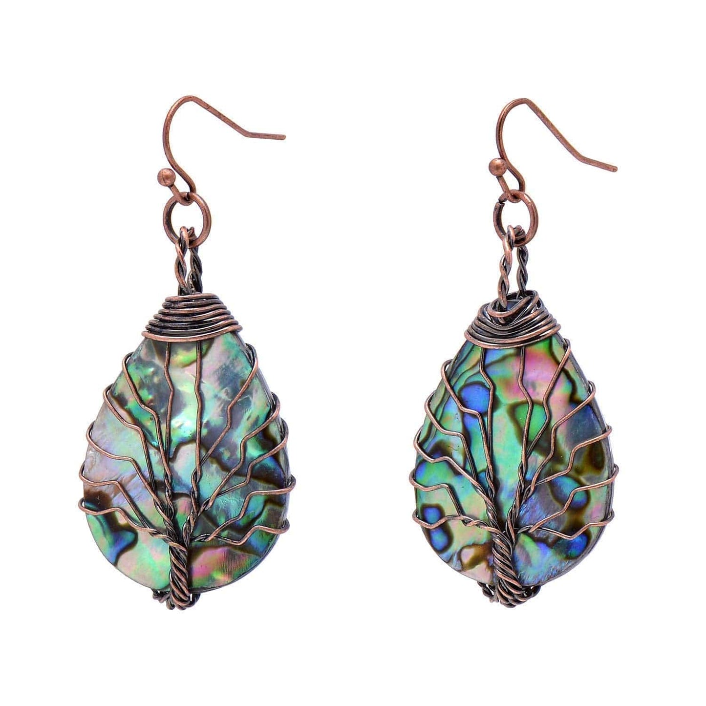 Tree of Life Hand Wrapped Sea Abalone Shell Earrings for Women, French Wire Antiqued Copper Copper hooks -Bronze -Drop shell