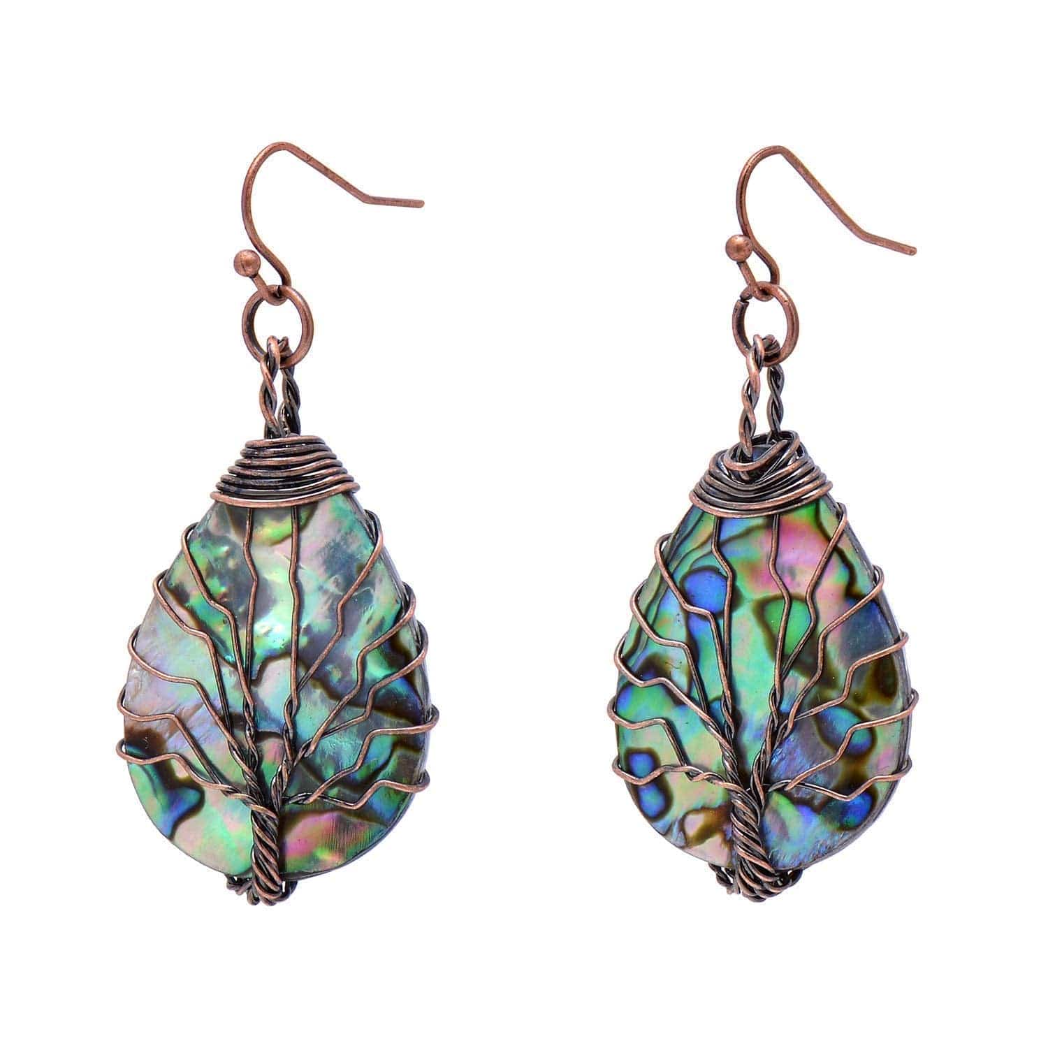 Tree of Life Hand Wrapped Sea Abalone Shell Earrings for Women, French Wire Antiqued Copper Copper hooks -Bronze -Drop shell