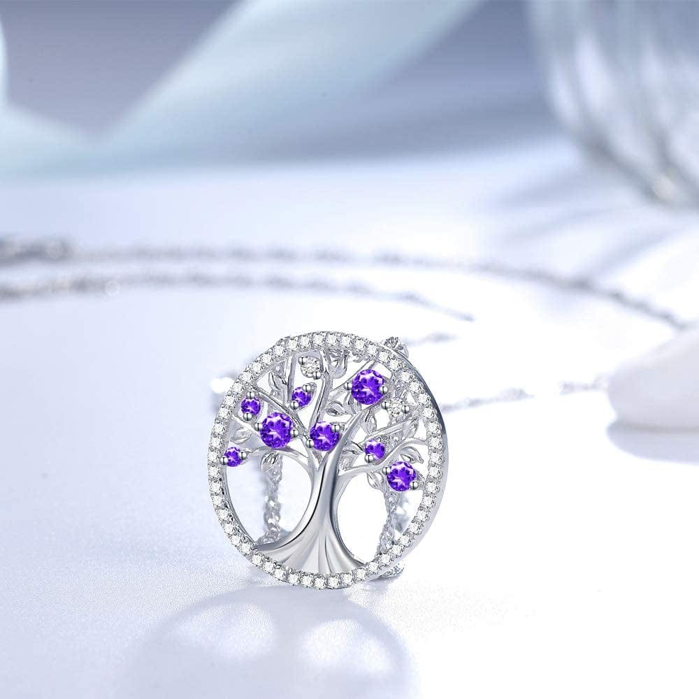 Tree of Life Jewelry for Wife Mom July Birthstones Ruby Jewelry Blue Sapphire Citrine Amethyst Aquamarine Emearld Diamond Pendant Necklace for Women Sterling Silver,Birthday Gifts Her G February Birthstone Amethyst Necklace