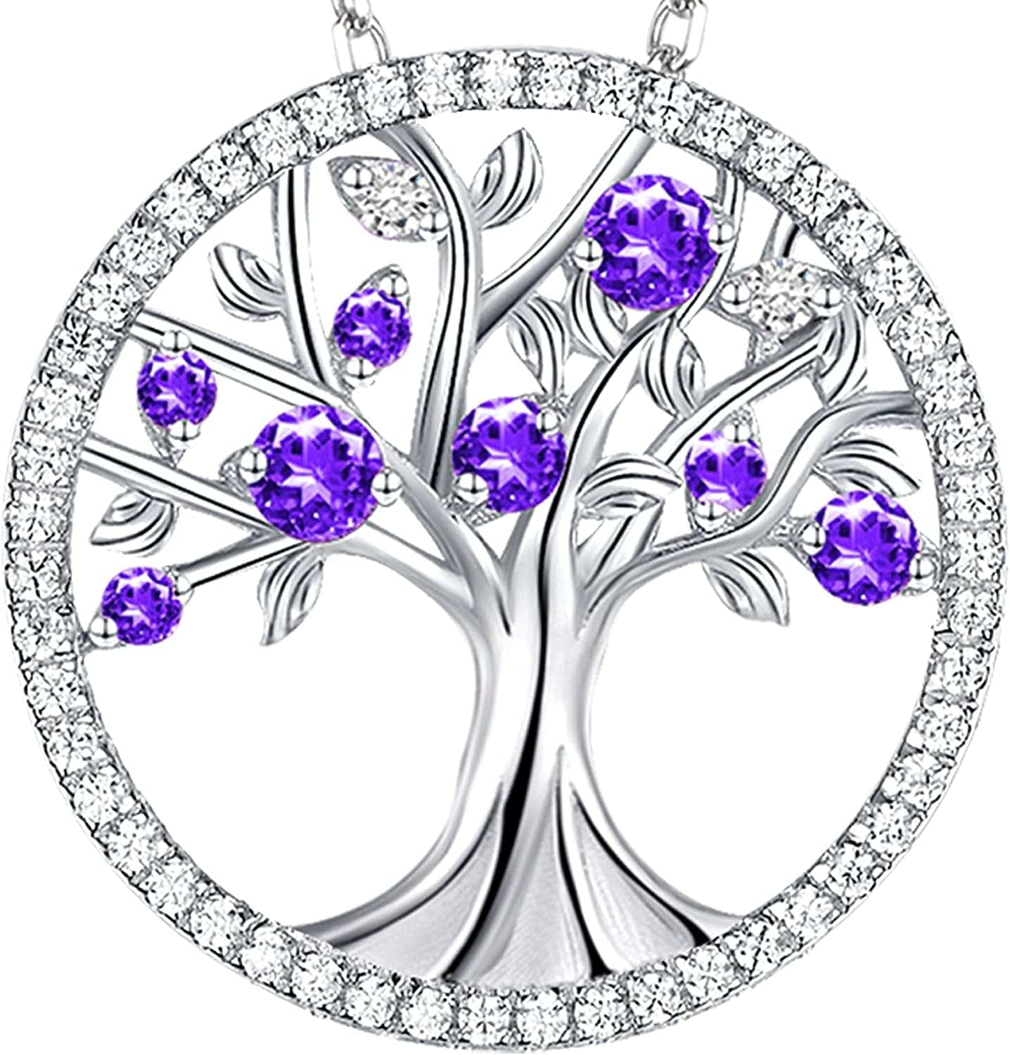 Tree of Life Jewelry for Wife Mom July Birthstones Ruby Jewelry Blue Sapphire Citrine Amethyst Aquamarine Emearld Diamond Pendant Necklace for Women Sterling Silver,Birthday Gifts Her G February Birthstone Amethyst Necklace