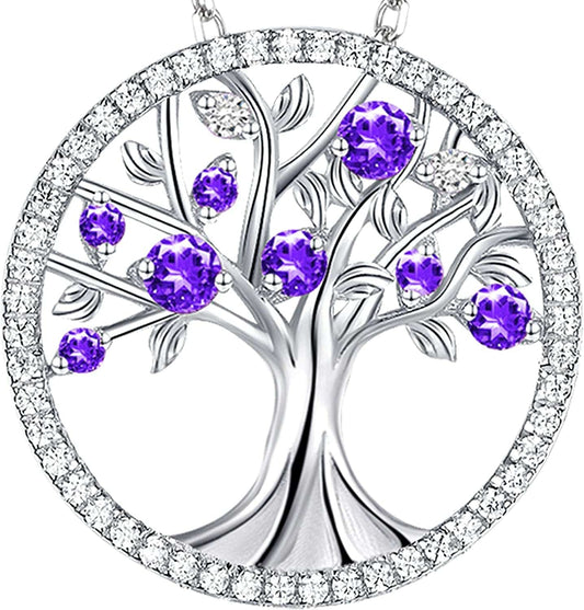 Tree of Life Jewelry for Wife Mom July Birthstones Ruby Jewelry Blue Sapphire Citrine Amethyst Aquamarine Emearld Diamond Pendant Necklace for Women Sterling Silver,Birthday Gifts Her G February Birthstone Amethyst Necklace