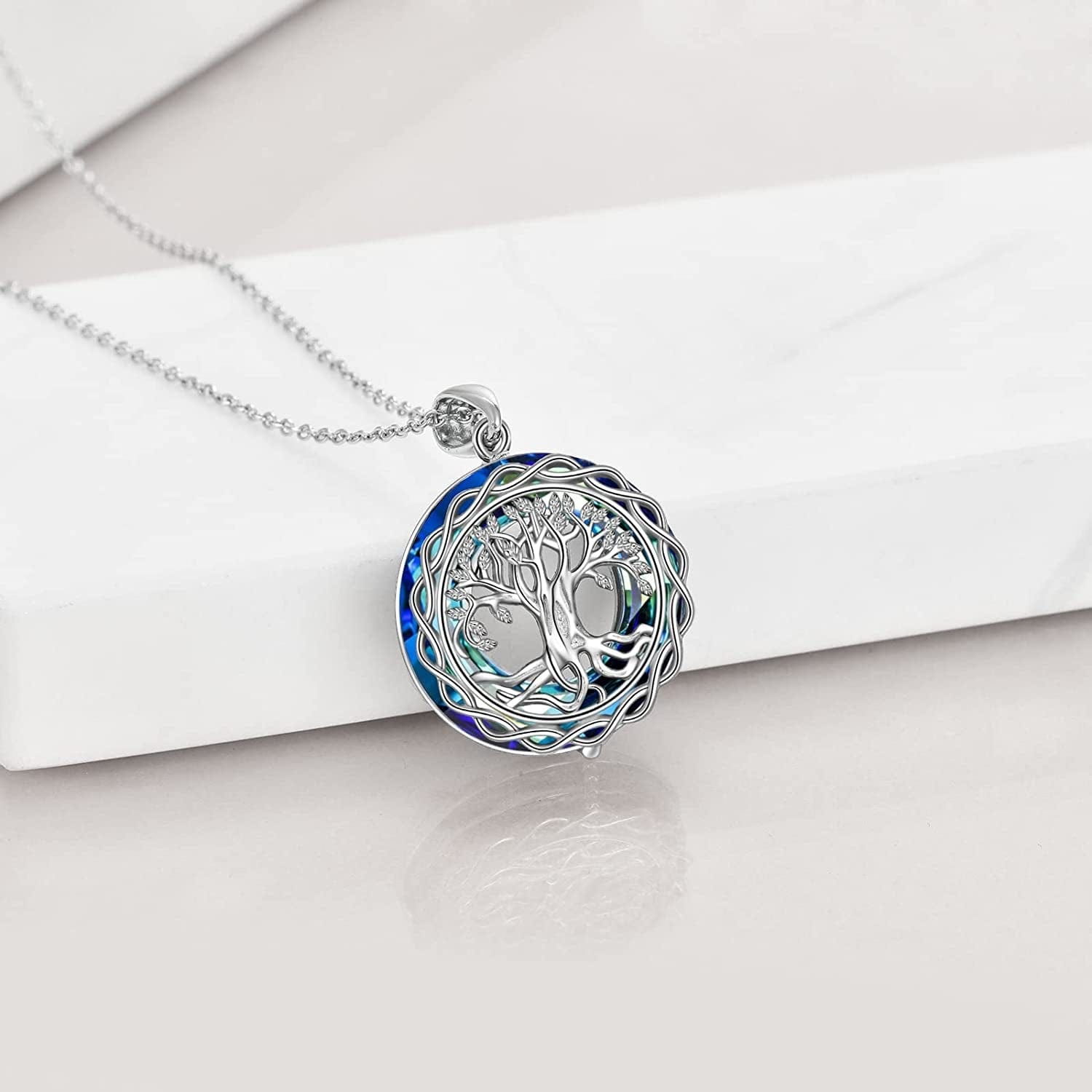 Tree of Life Necklace Jewelry for Women Sterling Silver Celtic Knot Infinity Family Tree Pendant with Blue Circle Crystal Infinity Jewelry Gifts for Mom Daughter Birthday Christmas Gifts