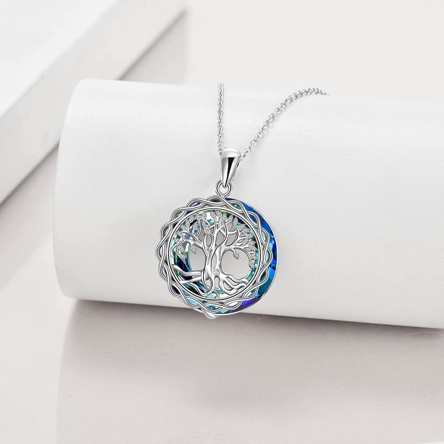 Tree of Life Necklace Jewelry for Women Sterling Silver Celtic Knot Infinity Family Tree Pendant with Blue Circle Crystal Infinity Jewelry Gifts for Mom Daughter Birthday Christmas Gifts