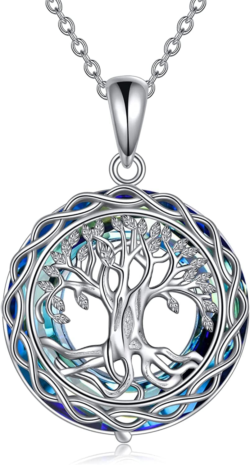 Tree of Life Necklace Jewelry for Women Sterling Silver Celtic Knot Infinity Family Tree Pendant with Blue Circle Crystal Infinity Jewelry Gifts for Mom Daughter Birthday Christmas Gifts Blue-Tree Of Life Necklace