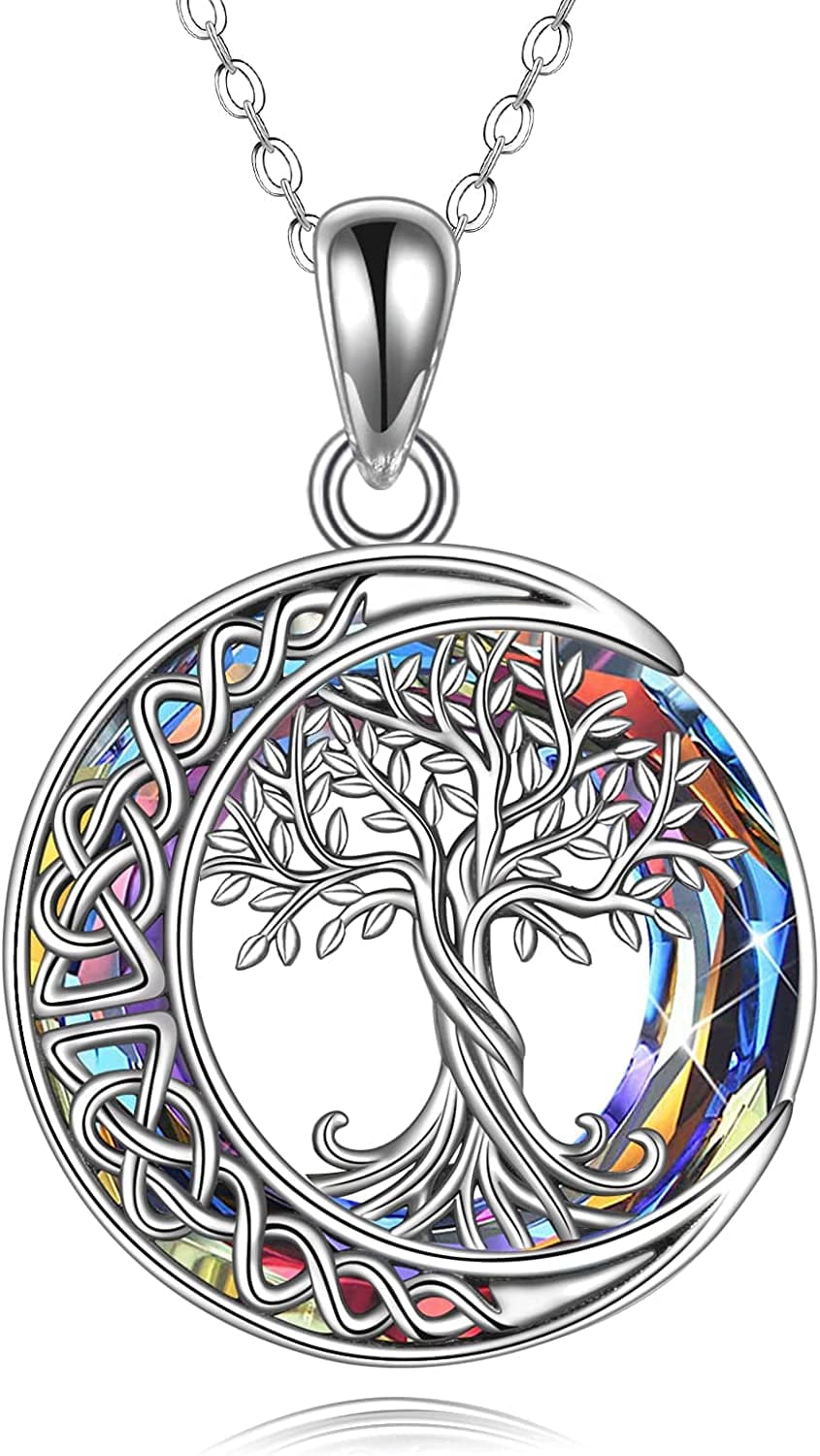 Tree of Life Necklaces S925 Sterling Silver Crystal Tree of Life Pendant Necklace Celtic Knot Moon Tree of Life Jewelry for Women Gifts Volcano Crystal
