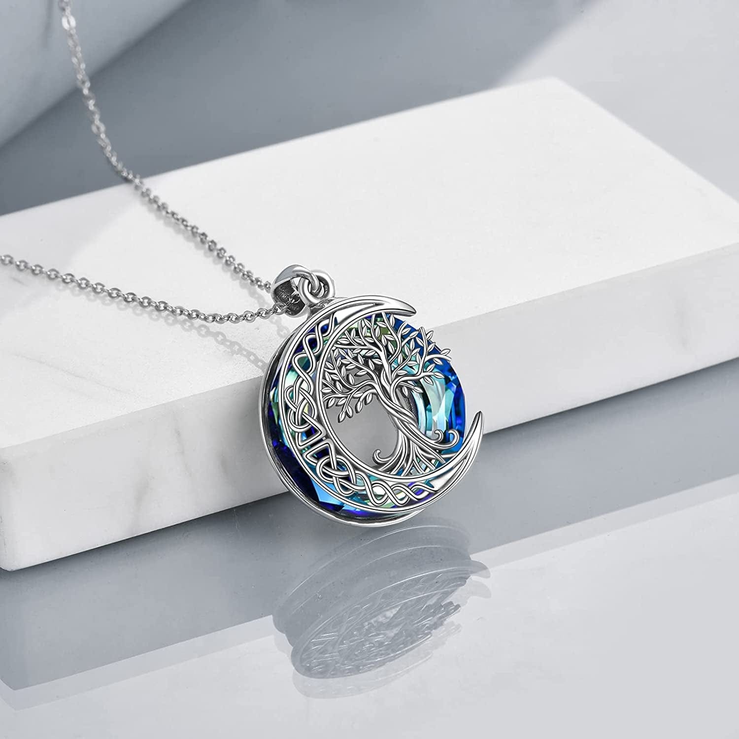 Tree of Life Necklaces S925 Sterling Silver Crystal Tree of Life Pendant Necklace Celtic Knot Moon Tree of Life Jewelry for Women Gifts