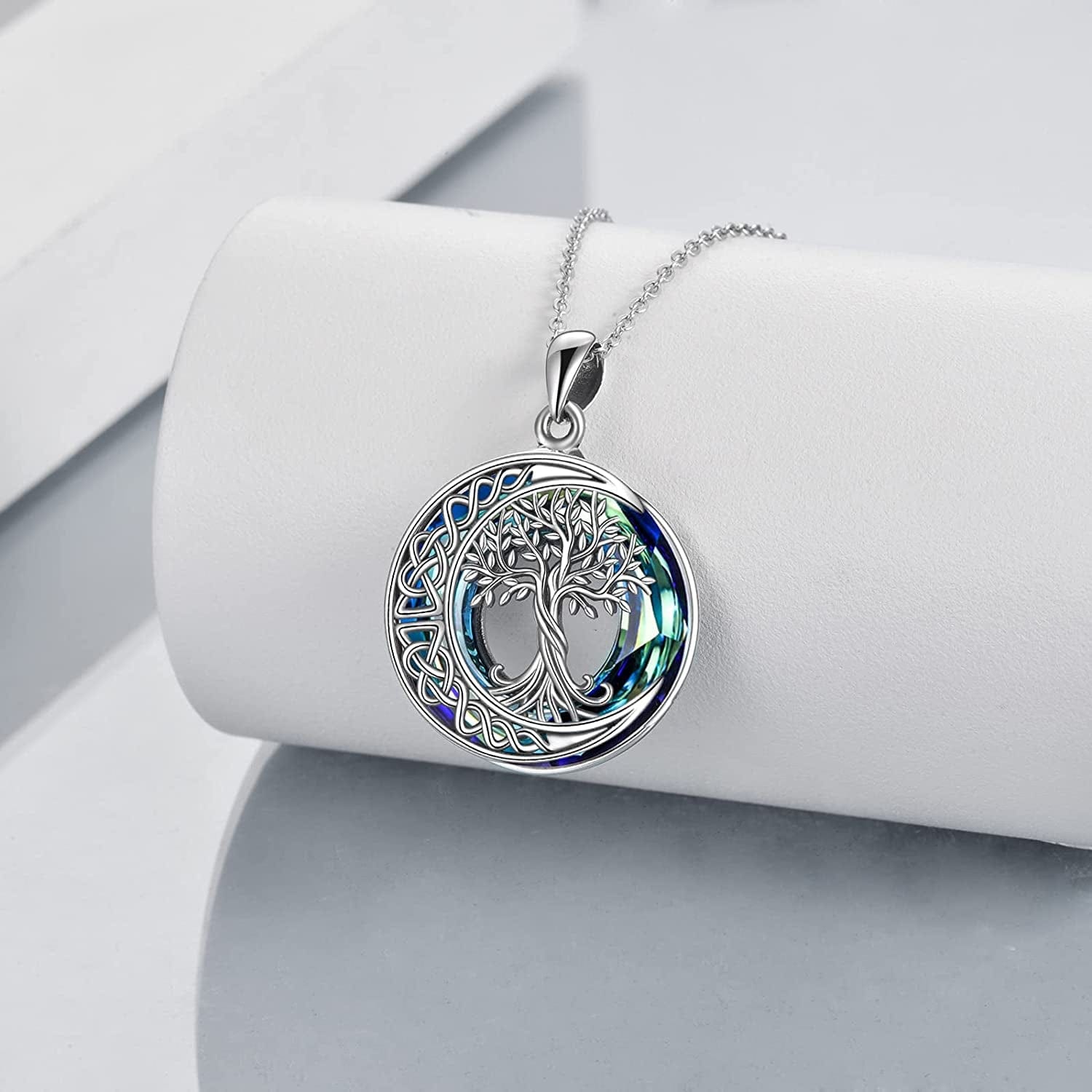Tree of Life Necklaces S925 Sterling Silver Crystal Tree of Life Pendant Necklace Celtic Knot Moon Tree of Life Jewelry for Women Gifts