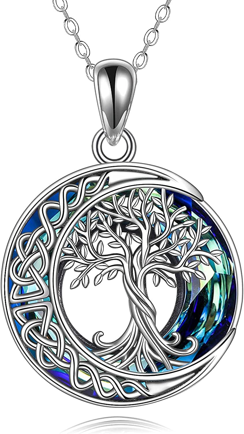 Tree of Life Necklaces S925 Sterling Silver Crystal Tree of Life Pendant Necklace Celtic Knot Moon Tree of Life Jewelry for Women Gifts Blue