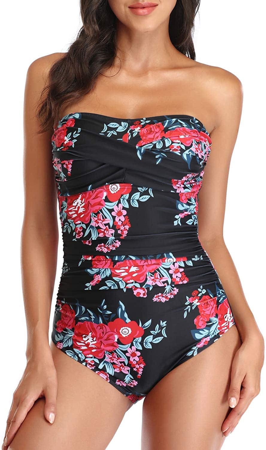 Tummy Control Swimwear Strapless One Piece Swimsuit Ruched Bathing Suits for Women Slimming Bandeau Tube Top Bikini Floral Red / Small