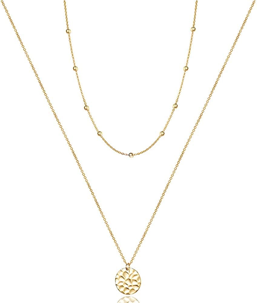 Turandoss Dainty Layered Choker Necklace, Handmade 14K Gold Plated Y Pendant Necklace Multilayer Bar Disc Necklace Adjustable Layering Choker Necklaces for Women 2PCS - Chain&Hammered Disc