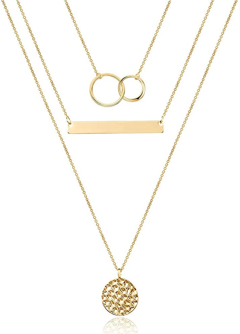 Turandoss Dainty Layered Choker Necklace, Handmade 14K Gold Plated Y Pendant Necklace Multilayer Bar Disc Necklace Adjustable Layering Choker Necklaces for Women "3PCS - Two Circles&Bar&Hammered Disc