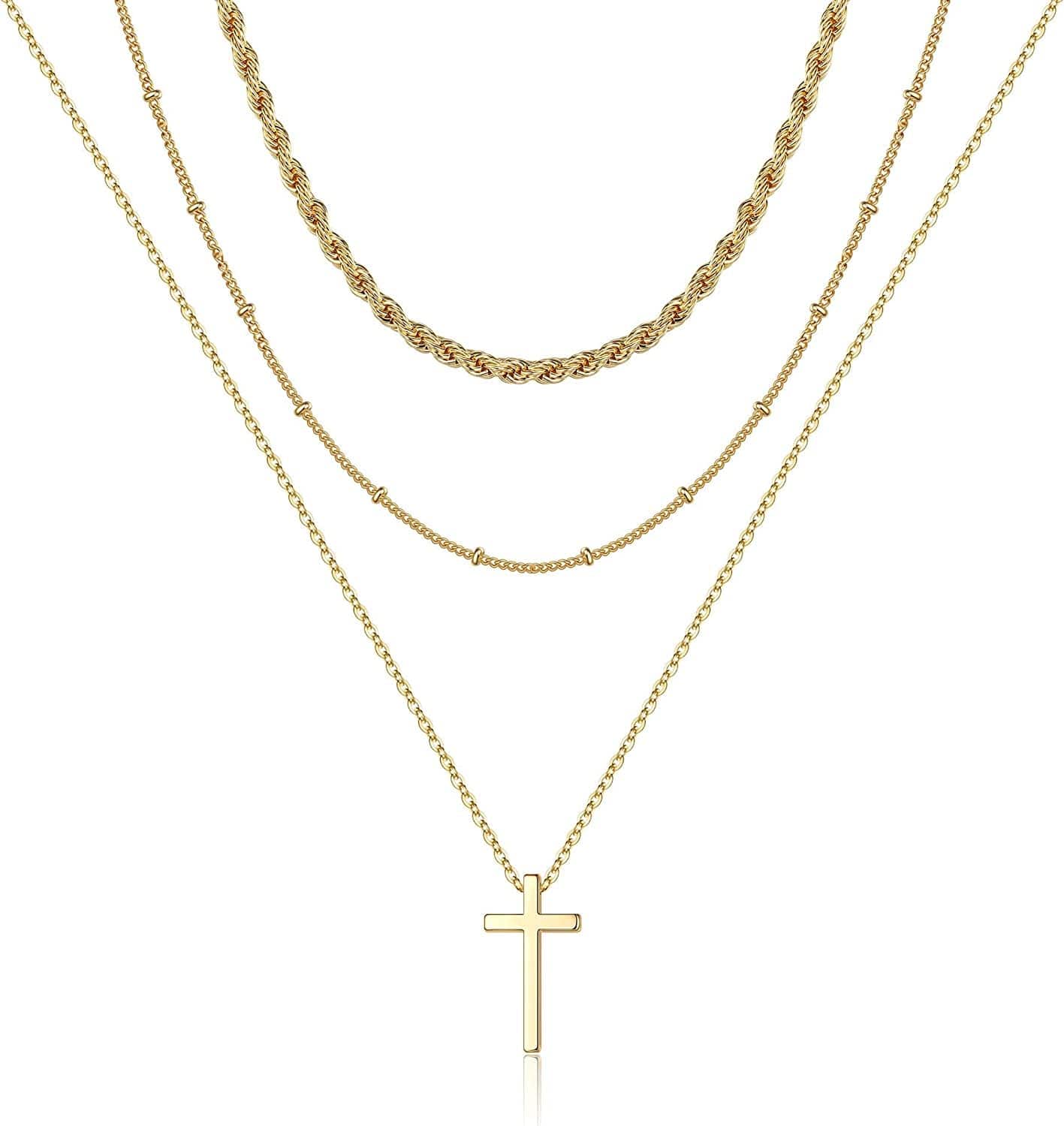 Turandoss Dainty Layered Choker Necklace, Handmade 14K Gold Plated Y Pendant Necklace Multilayer Bar Disc Necklace Adjustable Layering Choker Necklaces for Women 3PCS - Twist chain&Beads Chain&Cross