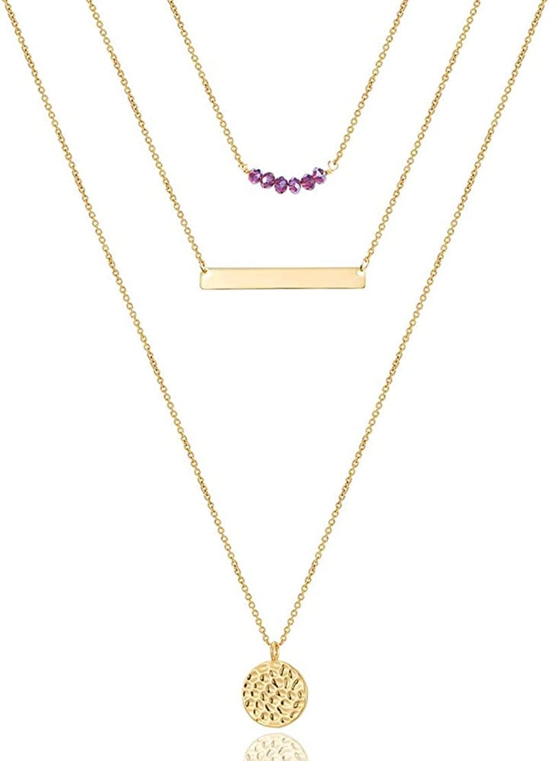 Turandoss Dainty Layered Choker Necklace, Handmade 14K Gold Plated Y Pendant Necklace Multilayer Bar Disc Necklace Adjustable Layering Choker Necklaces for Women 3PCS - Amethyst&Bar&Hammered Disc
